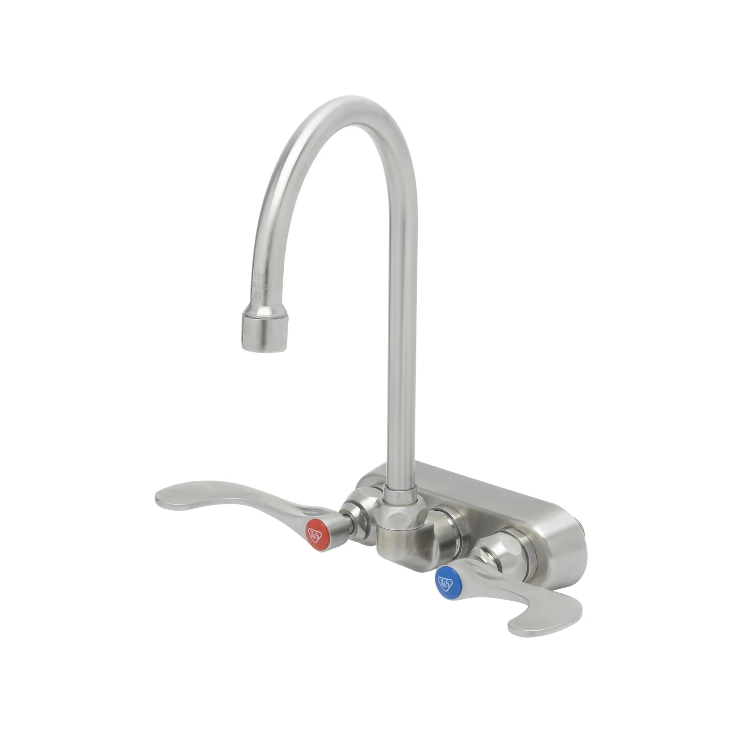 T&S Brass 4" Wall Mount Stainless Steel Workboard Faucet w/ 4" Wrist-Action Handles, SS Swivel Gooseneck with 2.2 GPM Aerator