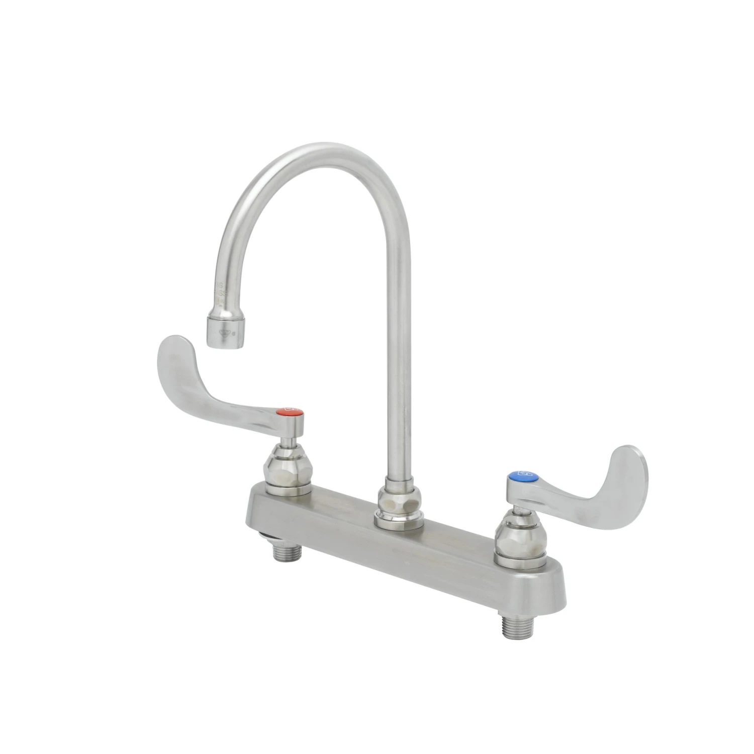 T&S Brass 8" Stainless Steel Deck Mount Workboard Faucet with Stainless Steel 4" Wrist Action Handles and Stainless Steel Swivel Gooseneck