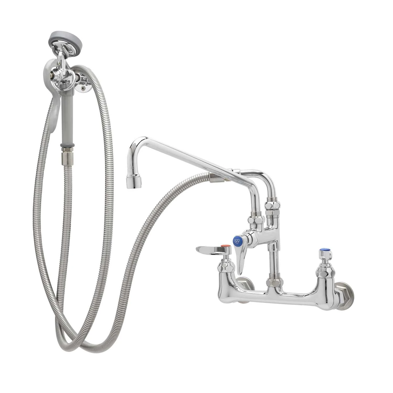 T&S Brass Spray Assembly, 8" Wall Mount Base, 12" Add-On Faucet, 104" Hose & Angled Spray Valve