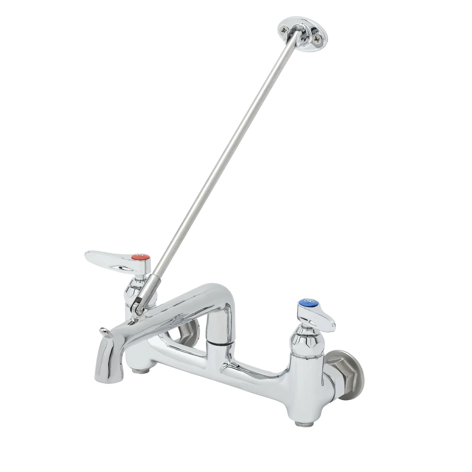 T&S Brass Service Sink Faucet, Wall Mount, 8" Centers, Built-In Stops, Wall Brace, Polished Chrome