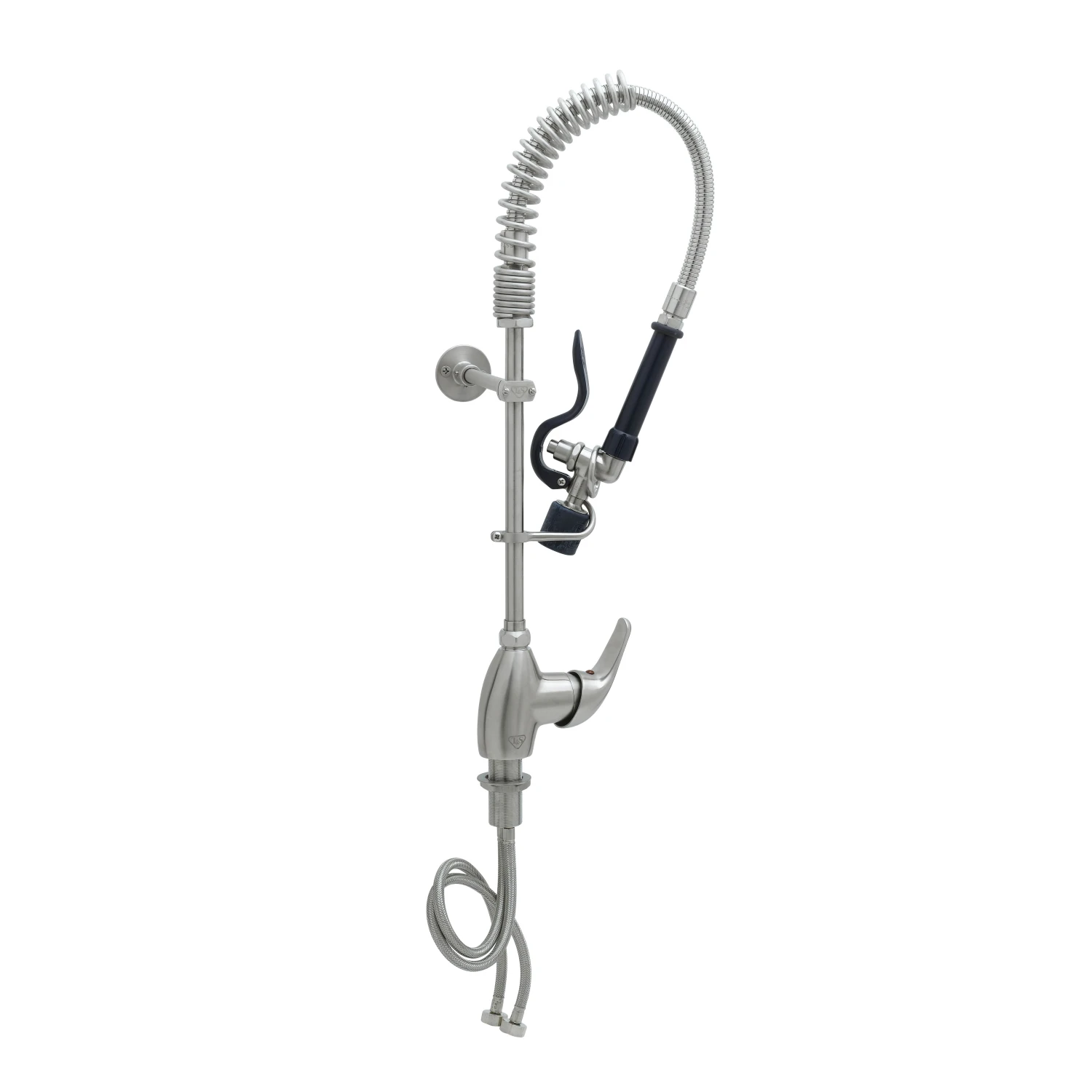 T&S Brass Stainless Steel Mini-Pre-Rinse unit with S-0107-C, Single Lever Deck Mount Faucet with 6" Wall Bracket