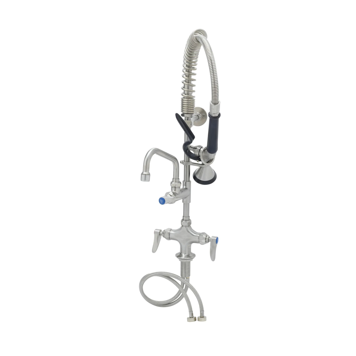 T&S Brass EverSteel Stainless Steel Mini-Pre-Rinse unit with S-0107-Y, Single Hole Deck Mount Mixing Faucet with 6" Swing Nozzle, Lever Handles & 6" Wall Bracket
