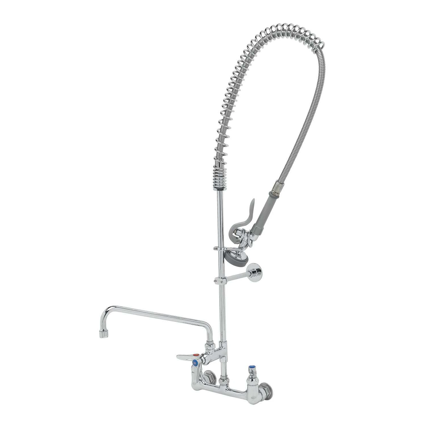 T&S Brass EasyInstall Pre-Rinse Unit: Spring Action, 8" Wall Mount, 12" Add-On Faucet, Wall Bracket