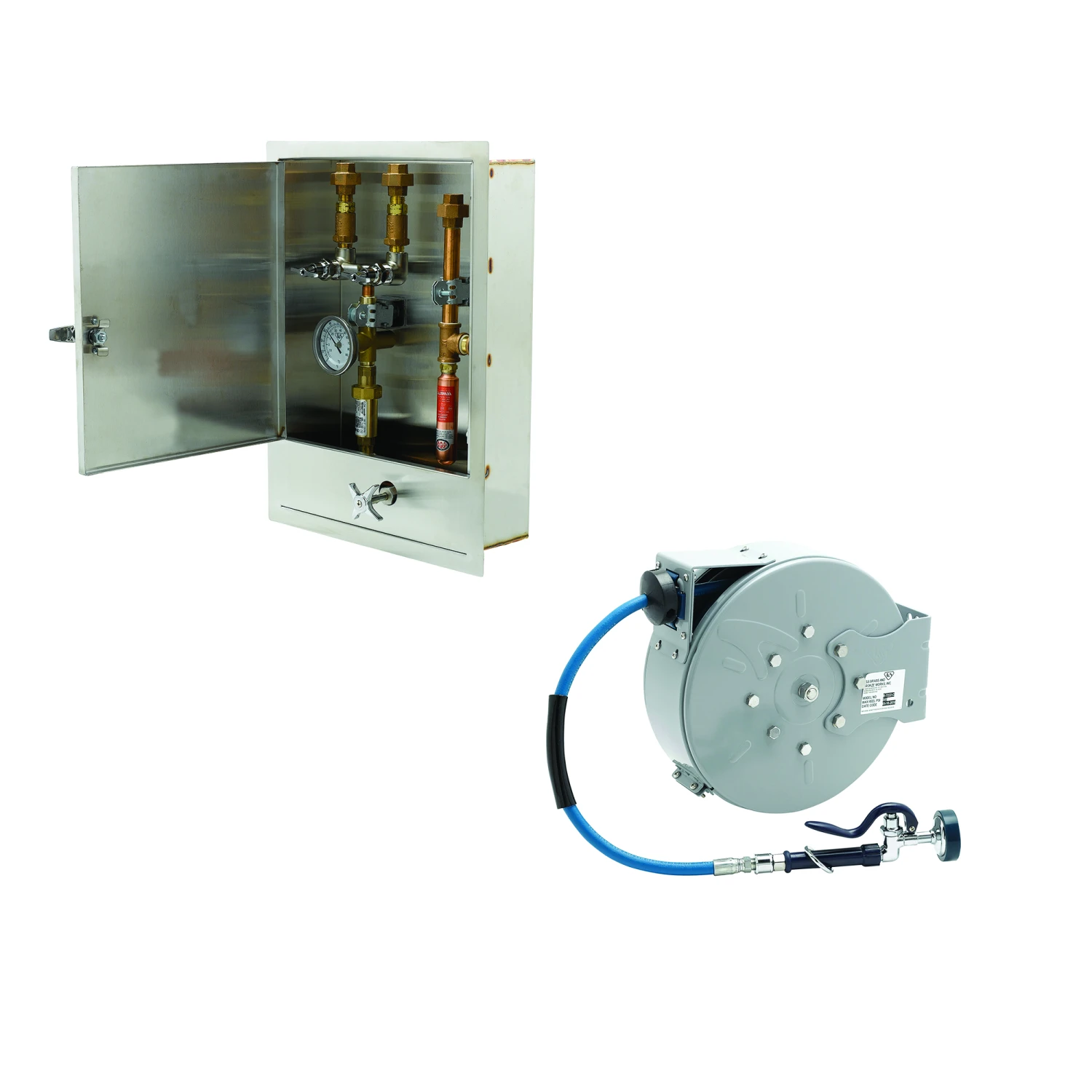 T&S Brass Hose Reel Assembly, 30' Closed Hose Reel, Cabinet w/ Control Valve & Temp Gauge (Non-Potable Applications)