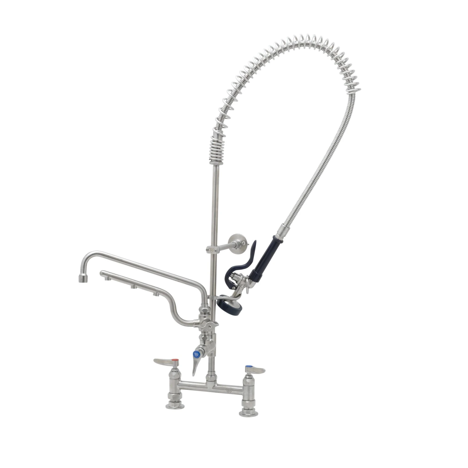 T&S Brass Stainless Steel ULTRARINSE PRU w/ 8" Deck Mount Mixing Faucet, Eterna Cartridges w/ Checks, Levers, ADF w/ 12" Swing Nozzle, 10" 1.5 GPM Sprayer Arm, 1.15 GPM Spray Valve & 1/2" Female NPT Inlets