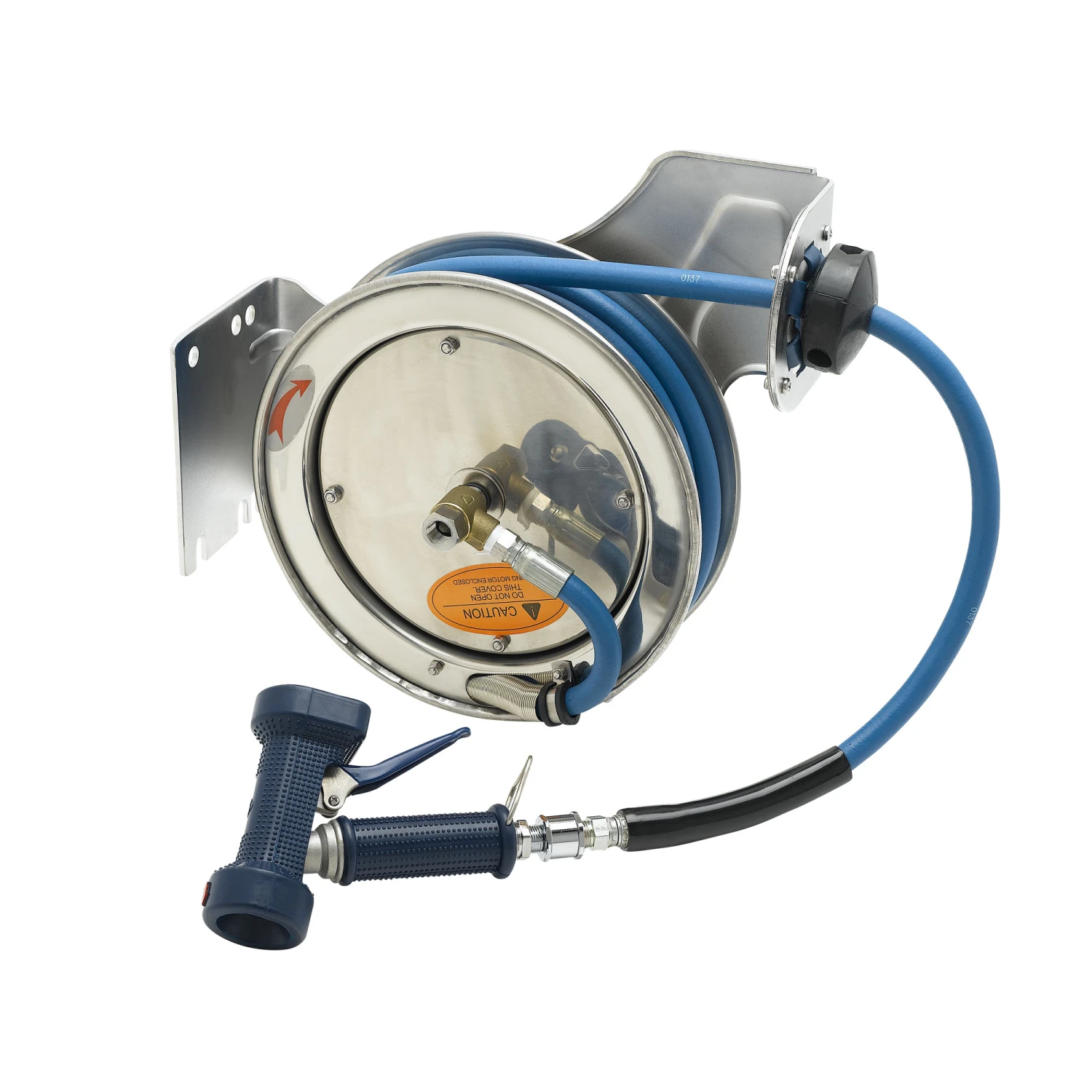 T&S Brass Hose Reel, Open, Stainless Steel, 3/8" ID x 15' Hose, MV-2516-24 Rear Trigger Gun