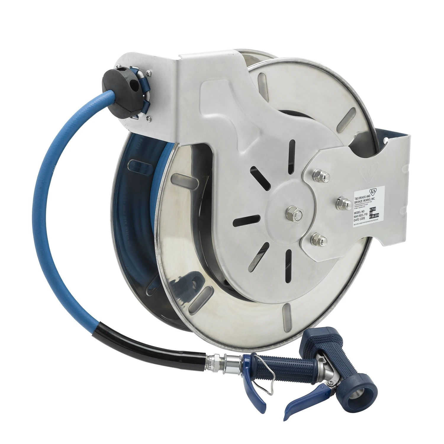 T&S Brass Hose Reel, Open, Stainless Steel, 1/2" x 35' Hose, 5/16" Front Trigger Water Gun