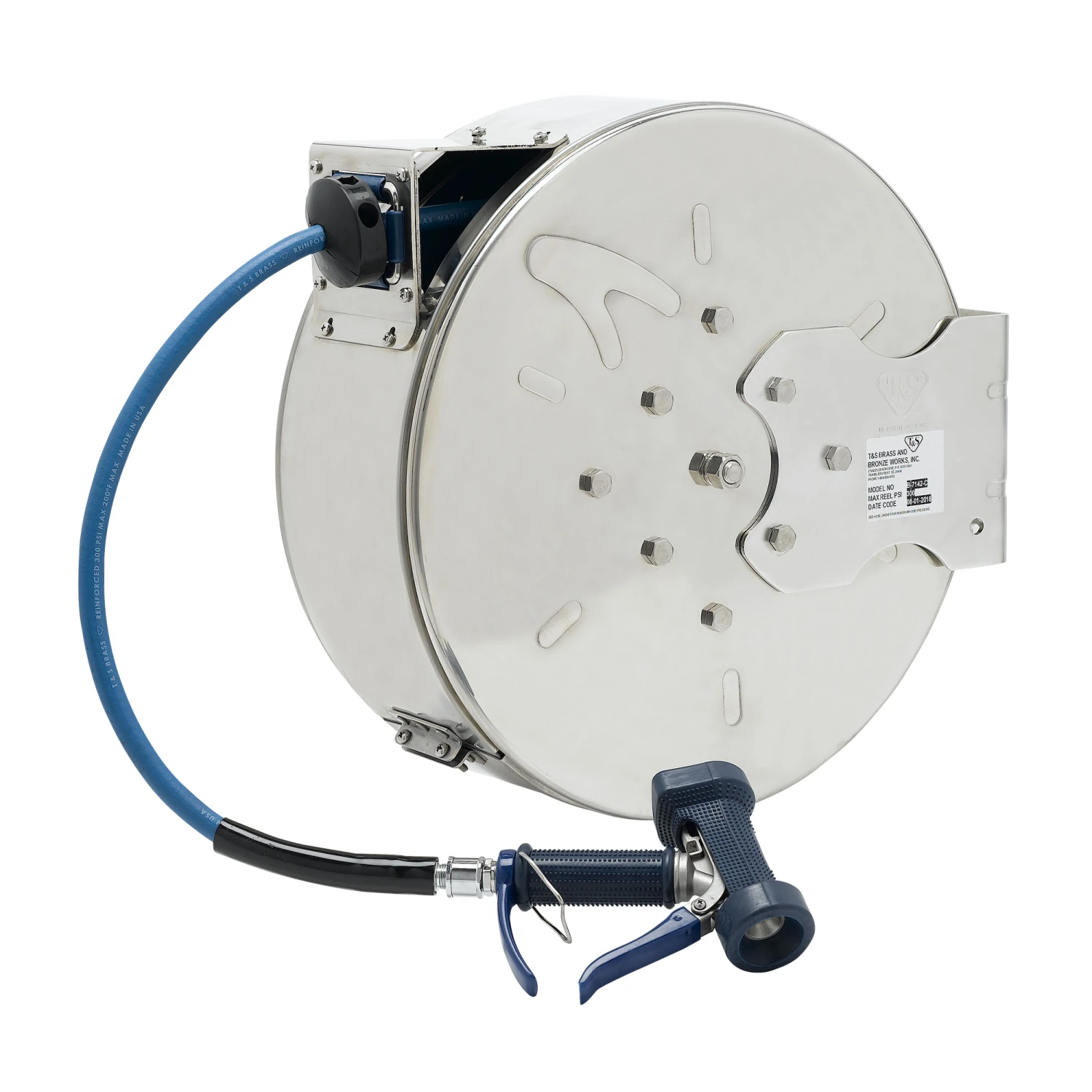 T&S Brass Hose Reel, Enclosed, Stainless Steel, 3/8" ID x 50' Hose, Front Trigger Water Gun