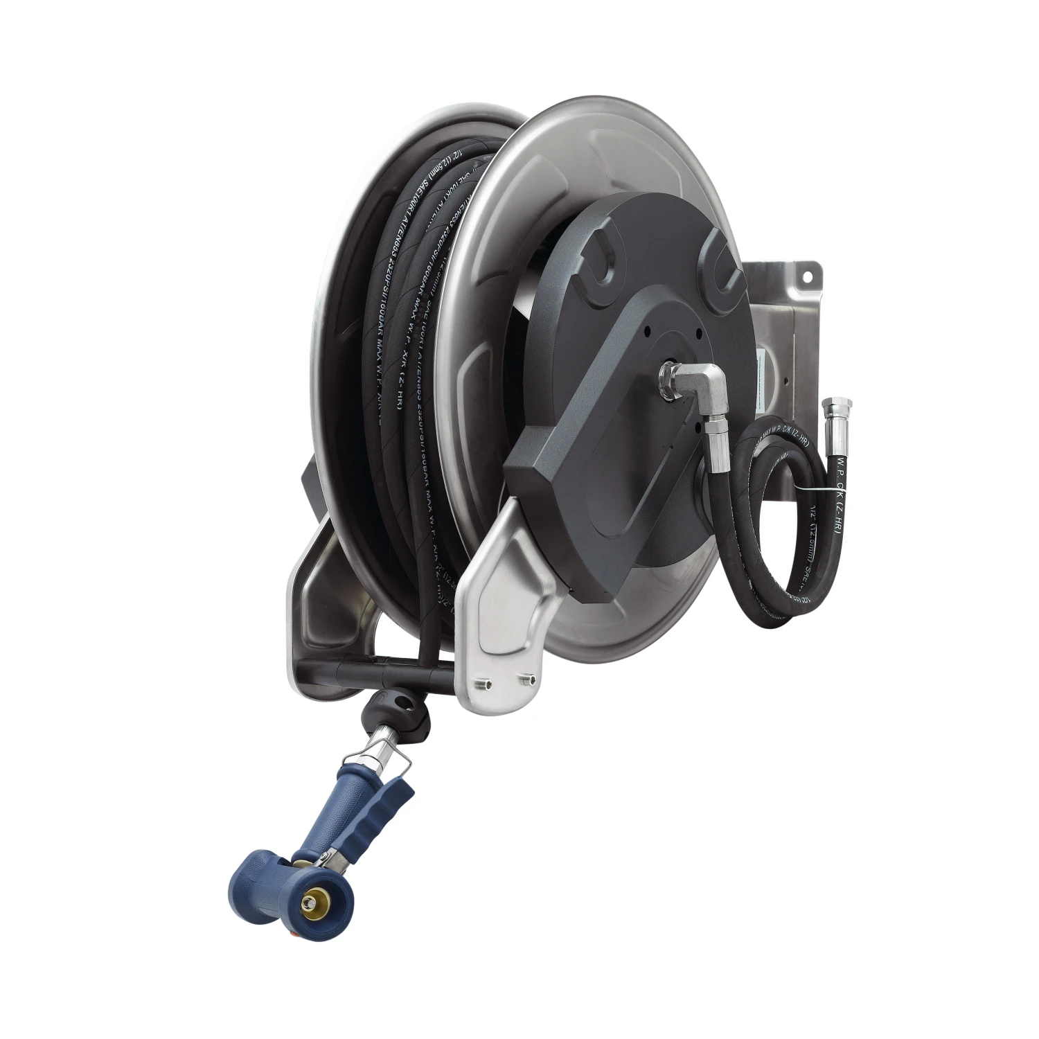 T&S Brass Equip Hose Reel, Dual Arm, Open, Stainless Steel, 1/2" ID x 65' Hose & High Flow Brass Water Gun