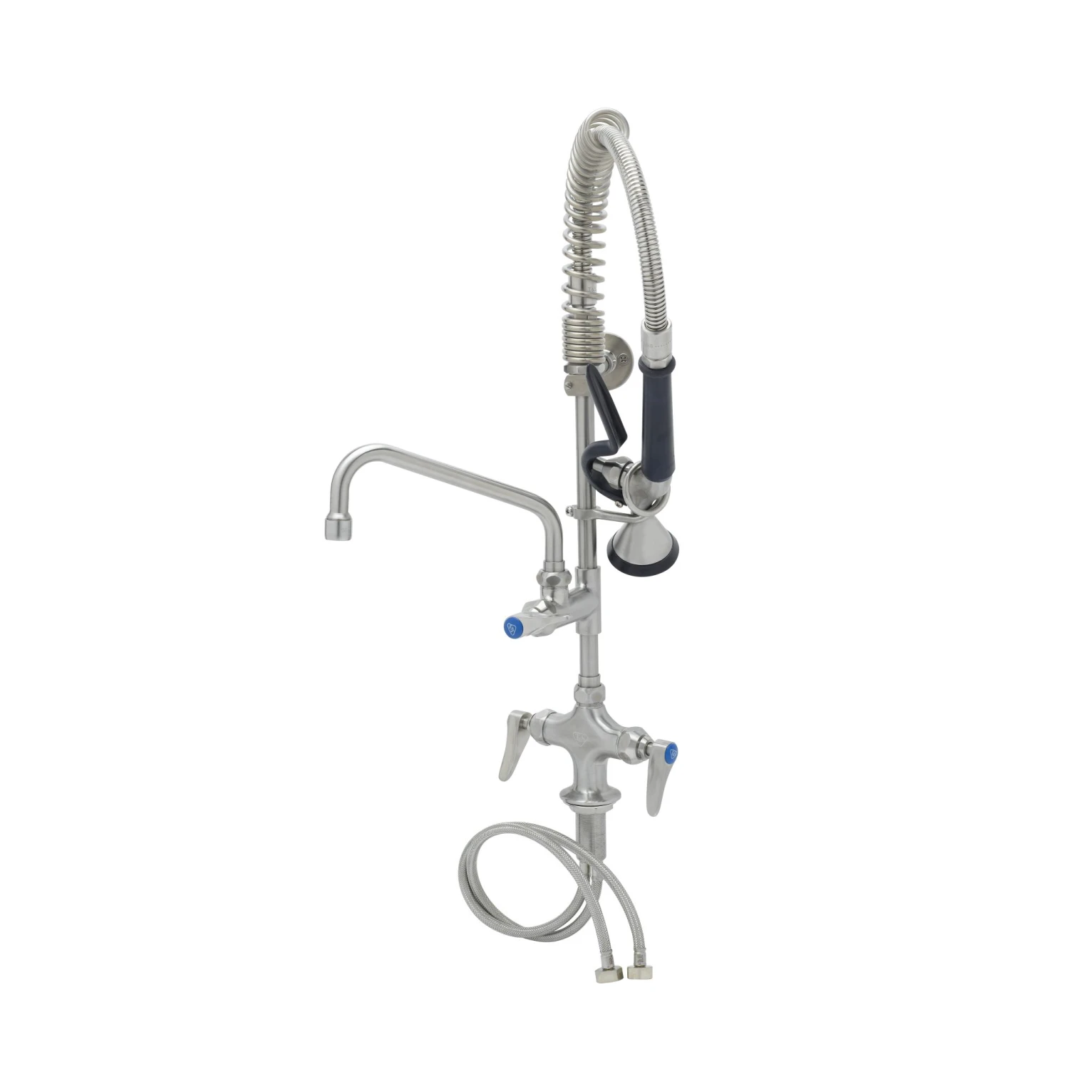 T&S Brass EverSteel Stainless Steel Mini-Pre-Rinse unit with S-0107-Y, Single Hole Deck Mount Mixing Faucet with 8" Swing Nozzle, Lever Handles & 6" Wall Bracket
