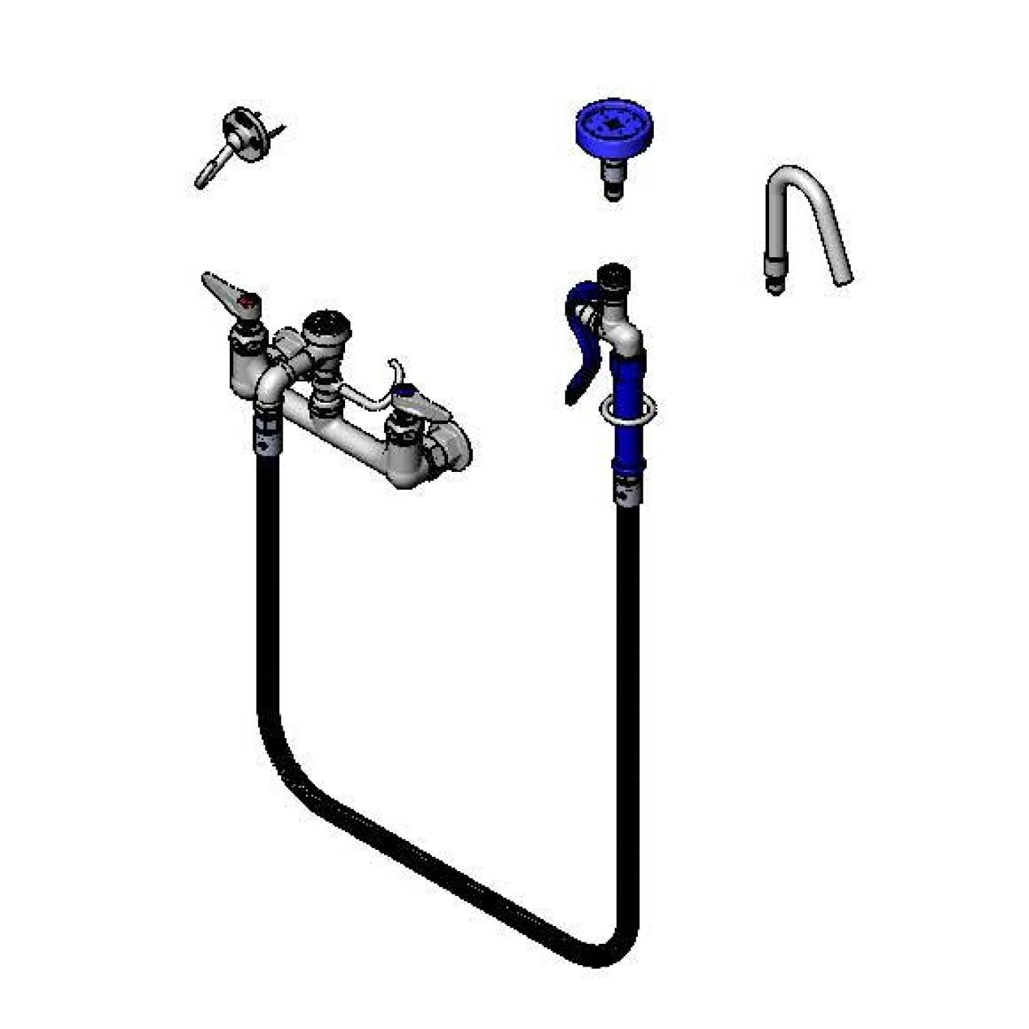 T&S Brass Pot & Kettle Filler, 8" Wall Mount, Vacuum Breaker, 68" Hose w/ Quick-Connect Spray Valve