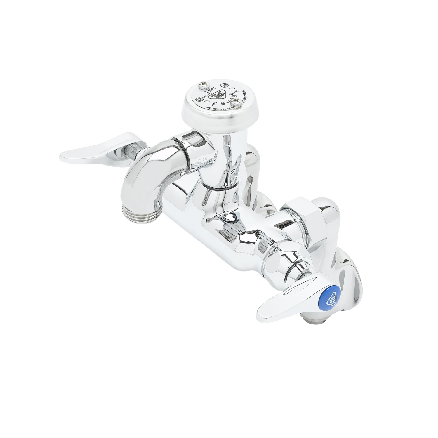 T&S Brass Service Sink Faucet, Wall Mount, Adjustable Center, Vac. Breaker, Integral Stop, Polished