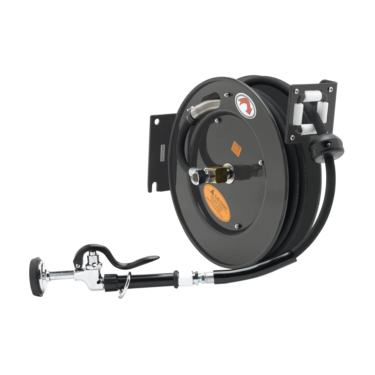 T&S Brass Hose Reel, Open, Powder Coated Steel, 50' x 3/8" ID Hose w/ Spray Valve & Reducing Adapter