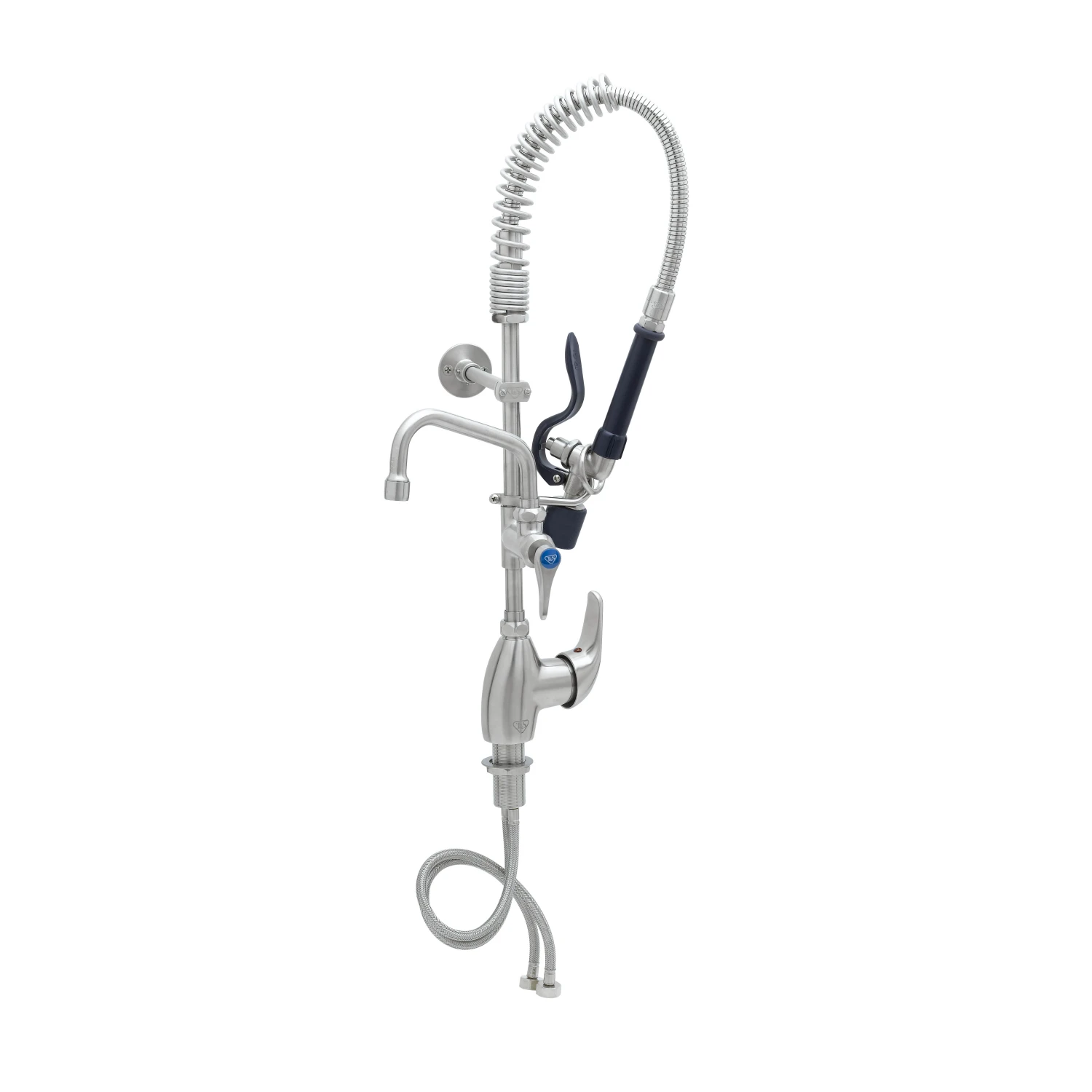 T&S Brass Stainless Steel Mini-Pre-Rinse unit with S-0107-C, Single Lever Deck Mount Faucet with 6" Swing Nozzle & 6" Wall Bracket