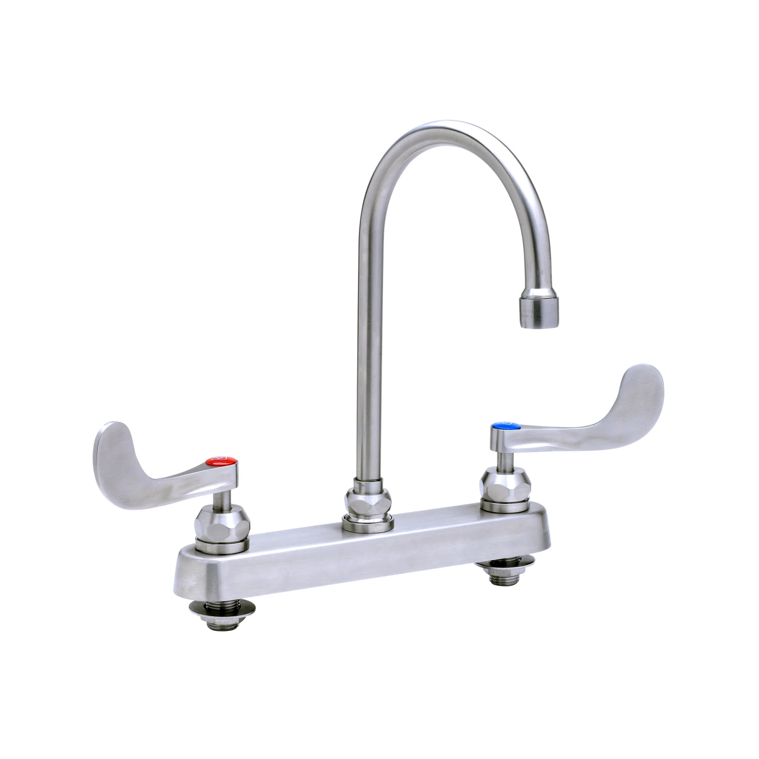 T&S Brass 8" Stainless Steel Deck Mount Workboard Faucet with Stainless Steel 4" Wrist Action Handles and Stainless Steel Swivel Gooseneck