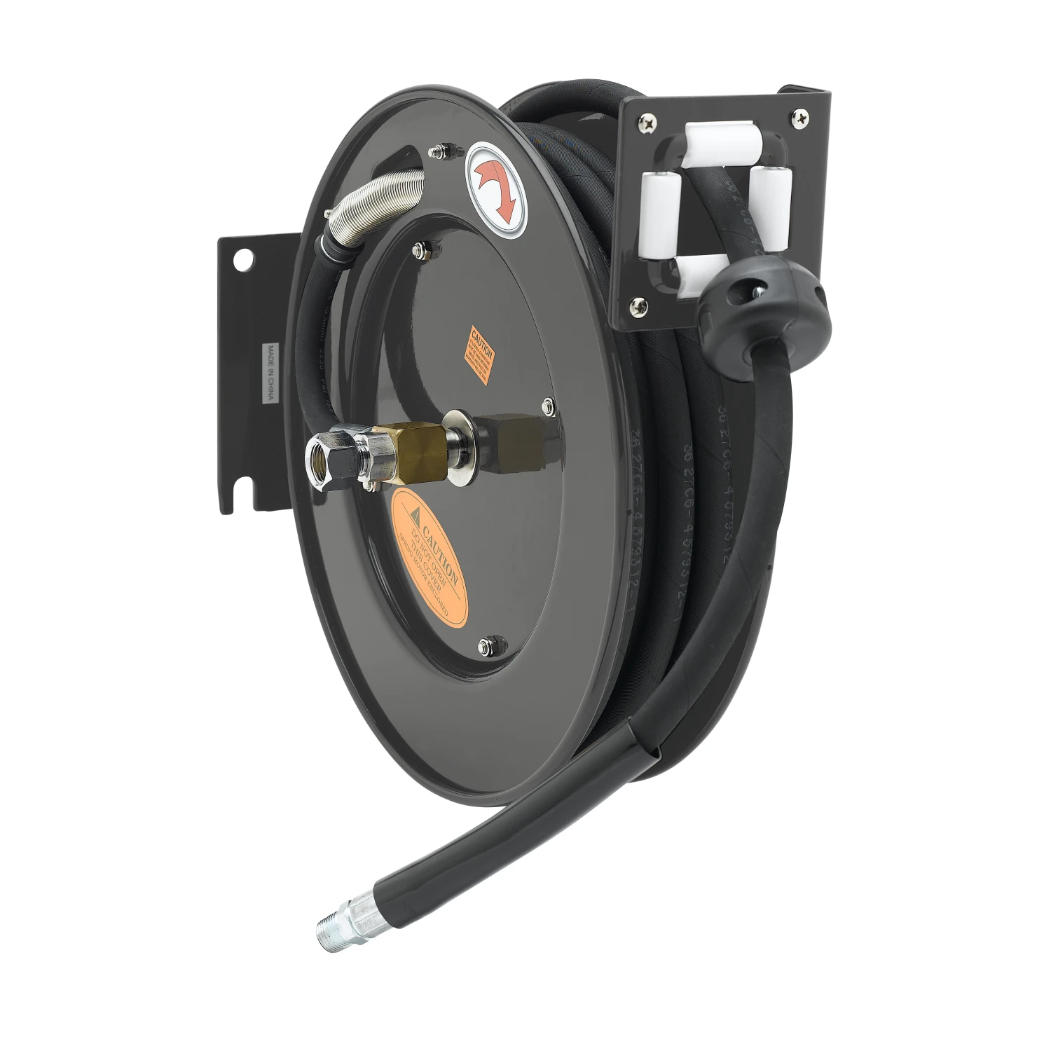 T&S Brass Hose Reel, Open, Powder Coated Steel, 35' x 3/8" ID Hose & Reducing Adapter
