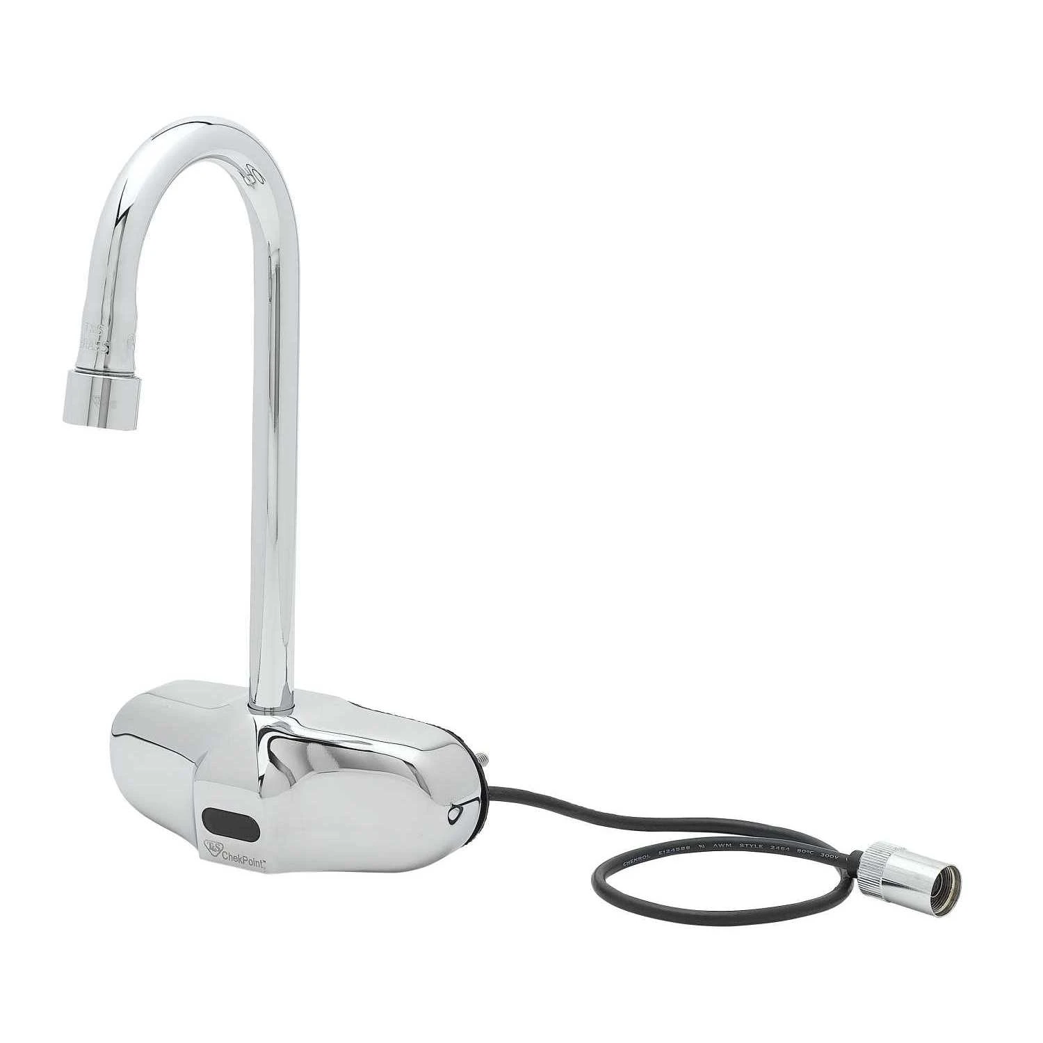 T&S Brass ChekPoint Electronic Faucet, 4" Wall Mount, Gooseneck, 0.5 GPM VR Spray Device (Two-Hole Installation Design)