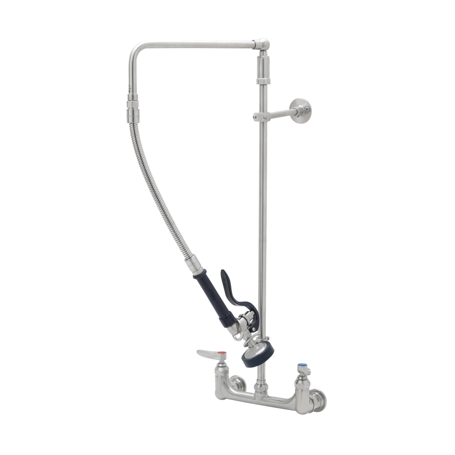 T&S Brass EverSteel Stainless Steel Pre-Rinse, 8" Wall Mount, Overhead Swivel Arm, Eterna Cartridges with Spring Checks, 1.15 GPM Spray Valve, Wall Bracket