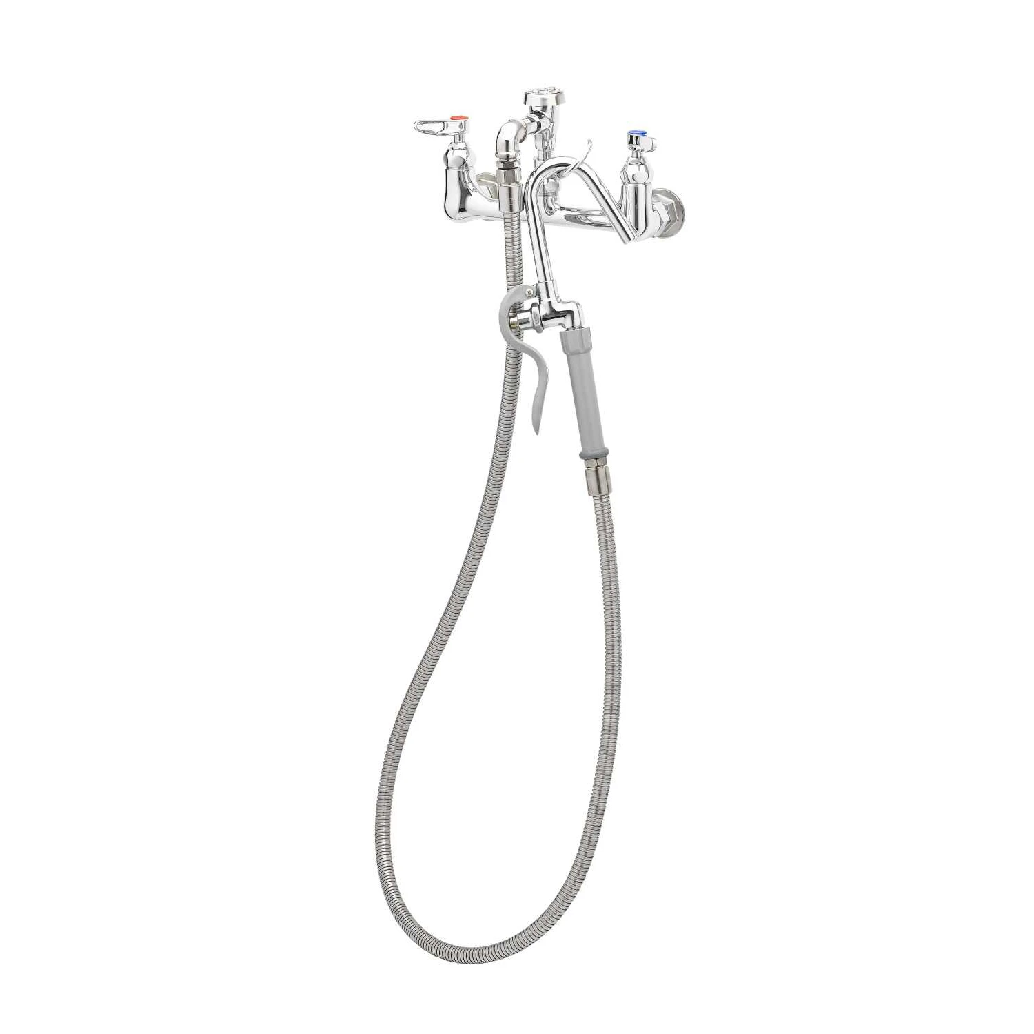 T&S Brass Pot Filler, Wall Mount, 8" Centers, Vacuum Breaker, 68" Hose w/ Self-Closing Hook Nozzle