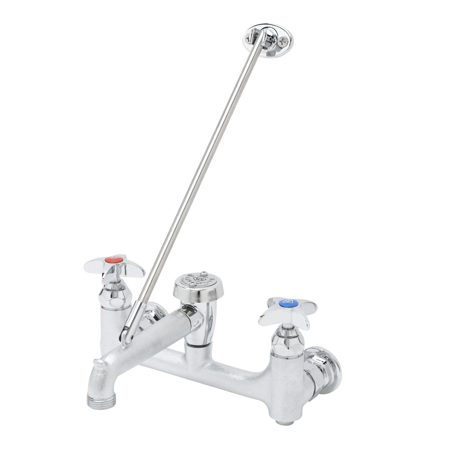 T&S Brass Service Sink Faucet, Vac. Breaker, Hose Outlet, 4-Arm Handles, Built-In Stops Rough Chrome Plated Finish