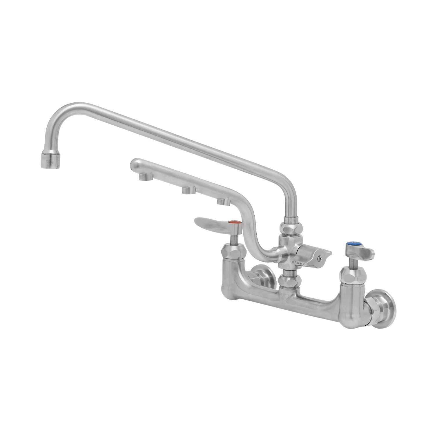 T&S Brass Stainless Steel ULTRARINSE Double Pantry Wall Mount Faucet, Quarter-Turn Ceramas w/ Check Valves, 8" Centers, 12" Swing Nozzle & 10" 1.5 GPM Sprayer Arm